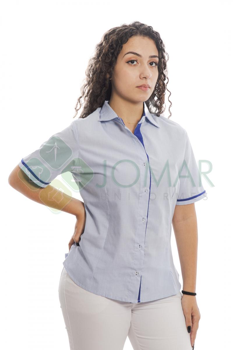 Camisa social feminina tecido fio a fio manga curta